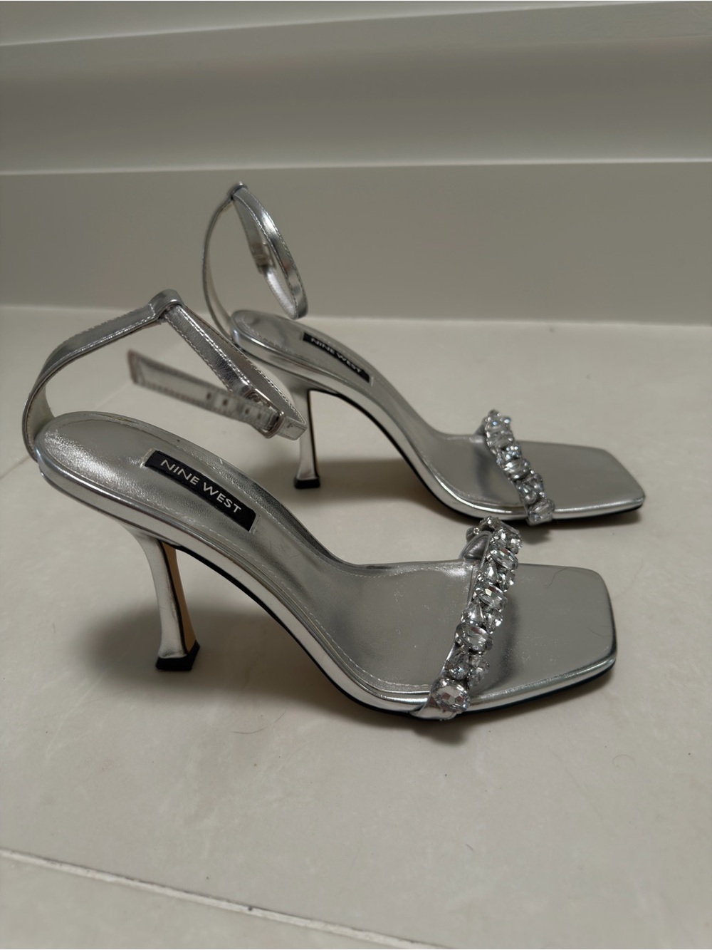 Nine West Silver Crystal-Embellished Square-Toe Slingbacks
